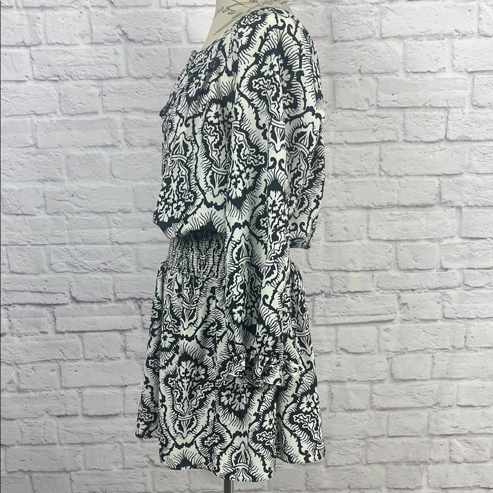 Juicy Couture Black and White Long Sleeve Smocked Waist Dress - Picture 5 of 11